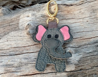 Elephant HandBag Charm, Genuine Leather, 6 3/4" long, Purse Bag Fob, Tote Hobo Gold Clip On, Gray, Pink, Circus Animal,