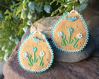 Beaded Leather Earrings, Genuine Deerskin, Forget Me Not Flowers With Leaves, Turquoise, Abalone Shell Birds Fetish, Long Dangling, Regalia