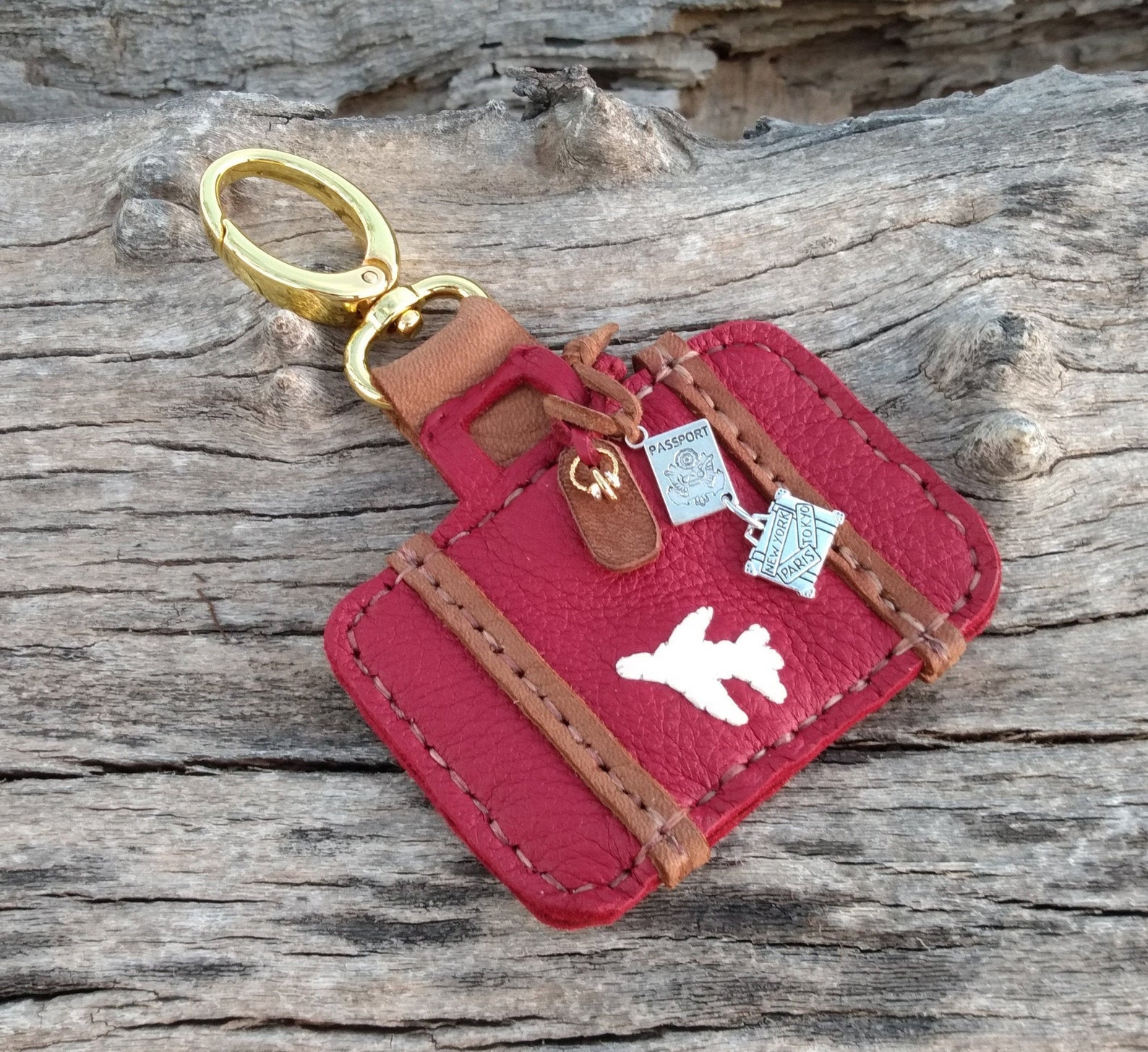 Luggage Bag Handbag Charm Genuine Red Leather Gold Clip On Etsy