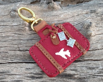 Luggage Bag Handbag Charm, Genuine Red Leather, Gold Clip On, Travel Trip Vacation, Adventure Fob Tote Or Purse Bag, Plane Suitcase Passport