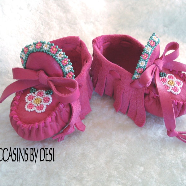 Baby Moccasins By Desi, "Flower Garden", Beaded, Soft Lambskin leather, 3-9 Months