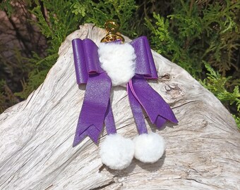 Leather & Fur Bow Handbag Charm, White Fur Pom Poms, Real Genuine Purple Leather, Purse Fob, Hand Bag Tote Accessory, Gold Clip On Ribbon
