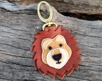 Lion Leather Handbag Charm, Genuine Real Deerskin 6" long, Purse Hand Bag Fob, Beaded, Lion Head Mane, King of The Jungle, Animal,