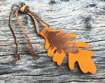 Leaves Handbag Charm, Genuine Leather, Braided Tie On, Boho Purse, Bag Fob Fringe, Hobo Tote, Fall Autumn, Oak Leafs, Nature Rustic, Brown
