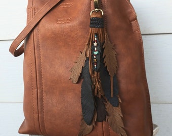 Braided Leather Tassel Handbag Charm, Feathers, Beaded Feather, Bohemian, Boho Purse Bag Fob Long Fringe, Dark Brown, Western, Southwestern