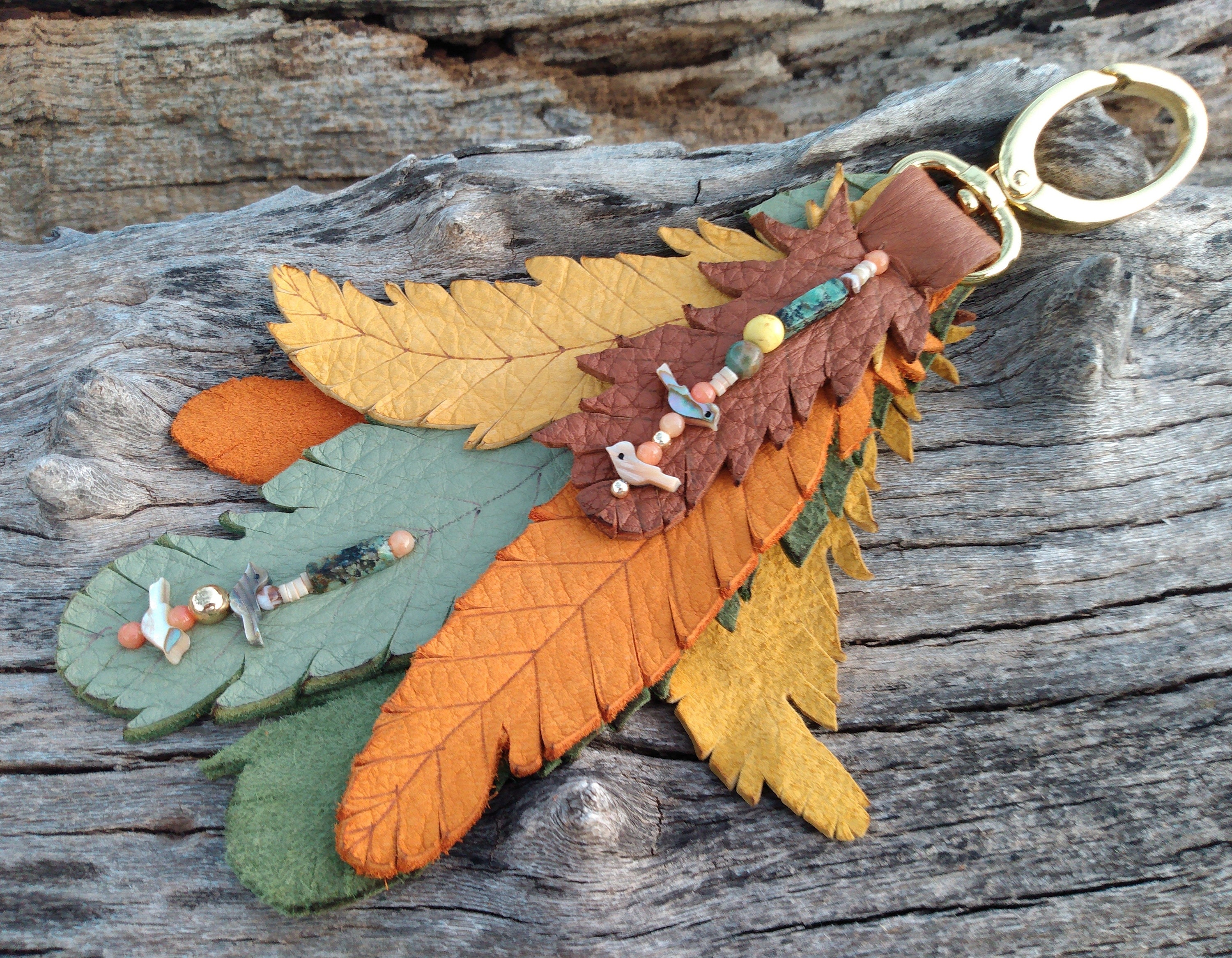 Feather Leather HandBag Charm, Genuine Deerskin 8 1/2 Long, Beaded 