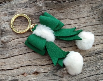 Leather & Fur Bow Handbag Charm, Fur Pom Poms, Genuine Green Leather, 5 1/2" long, Purse Fob, Hand Bag Tote Accessory, Gold Clip On, Ribbon