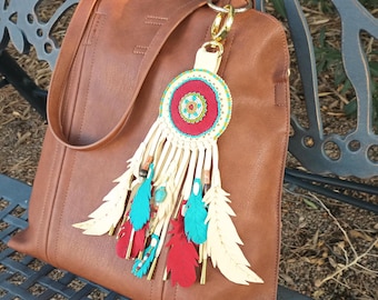 Dije de bolso con forma de roseta de tortuga y plumas, de piel auténtica, de gran tamaño para bolso de mano de gran tamaño, con cuentas, flecos largos, color turquesa y rojo, para monedero