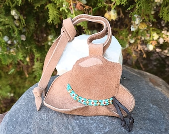 Cowboy Hat Leather Handbag Charm Tie On Beaded Hatband Genuine Brown Leather Suede Tote Or Purse Fob Hand Bag Western Rodeo Turquoise Beads