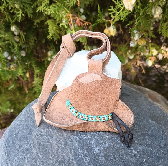 Cowboy Hat Leather Handbag Charm Tie On Beaded Hatband Genuine Brown Leather Suede Tote Or Purse Fob Hand Bag Western Rodeo Turquoise Beads