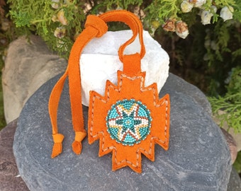 Southwestern Handbag Charm, Genuine Orange Suede Leather, Tie On, Beaded Rosette, Boho Purse, Bag Fob Fringe Hobo Tote, Geometric, Turquoise