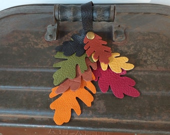 Oak Leaves Leather Handbag Wrap Charm Tassel, Genuine Deerskin Leather, Purse Fob, Hand Bag Tote, Fall Autumn, Oak Leafs, Nature Rustic