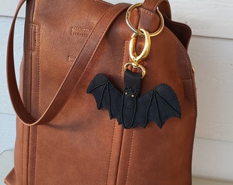 Bat HandBag Charm, Genuine Black Leather, Purse Bag, Beaded Fob, Tote Hobo Gold Clip On, Halloween Theme Spooky, Vampire, Gothic, Spookiness