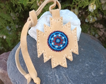 Southwestern Handbag Charm, Genuine Suede Leather, Tie On, Beaded Rosette, Boho Purse, Bag Fob Fringe, Hobo Tote, Geometric Shape, Navy Blue