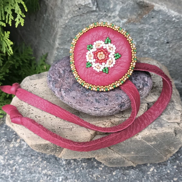 Flower Ponytail Leather Tie, Beaded Rosette, Beadwork, Christmas Hair Jewelry, Regalia, Tribal, Ceremonial, Wedding Wear, Aztec, Powwow, Red