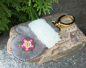 Mitten HandBag Charm, Genuine Suede Gray Leather, Fur Trim, 6" long, Purse Bag Fob, Beaded Flower Floral, Tote Hobo, Christmas, Winter Wear