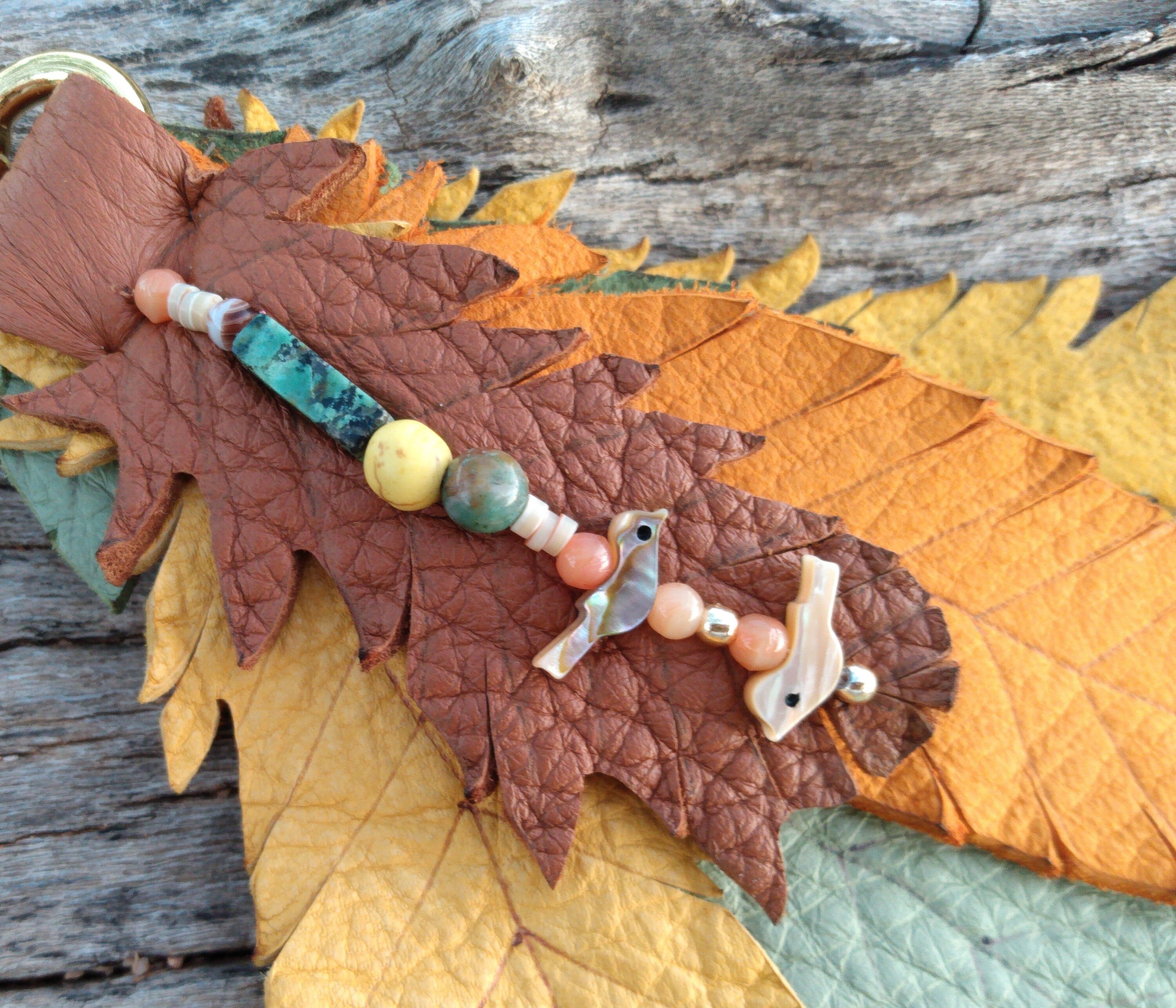 Feather Leather HandBag Charm, Genuine Deerskin 8 1/2 Long, Beaded 