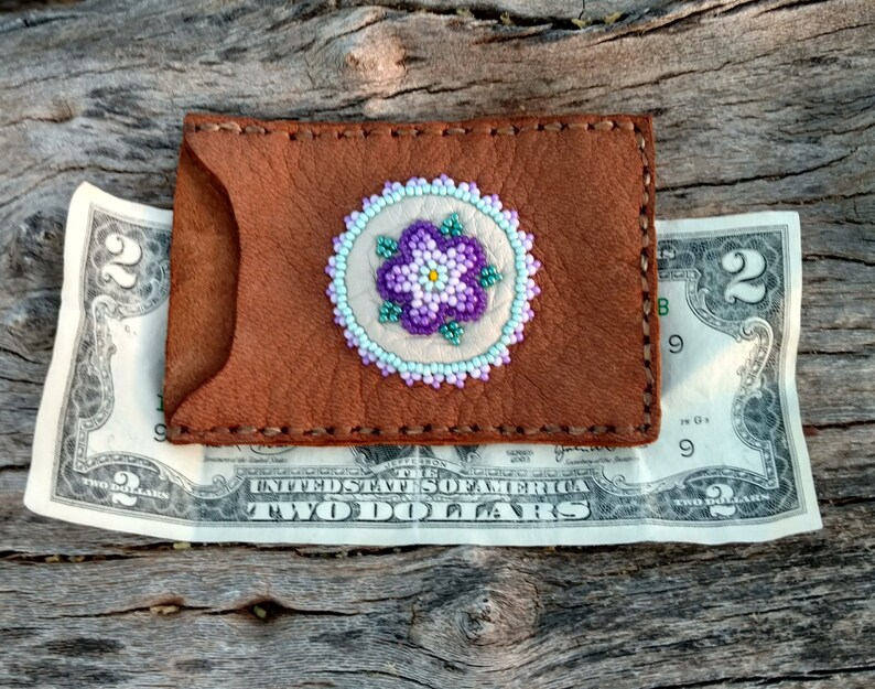 Beaded Purple Flower Women/'s Wallet Compact Leather Card Holder Beadwork Credit Or Gift Card Business Card Genuine Brown Deerskin