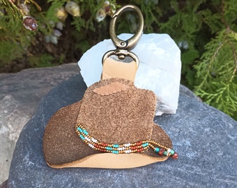 Cowboy Hat Leather Handbag Charm, Beaded Hatband, Genuine Brown Distressed Suede Leather, Tote Or Purse Fob Hand Bag, Clip On, Western Rodeo