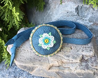 Flower Ponytail Leather Tie, Beaded Rosette, Beadwork,Smokey Blue, Hair Jewelry, Regalia, Tribal, Ceremonial Wear, Aztec, Powwow, Floral