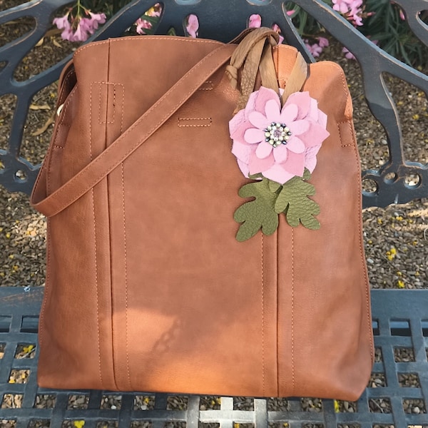 Leather Pink Flower Handbag Tie On Charm, Genuine Leather, Large Purse Fob Hand Bag Tote, Floral, Green Leaves, Beaded Fresh Water Pearls