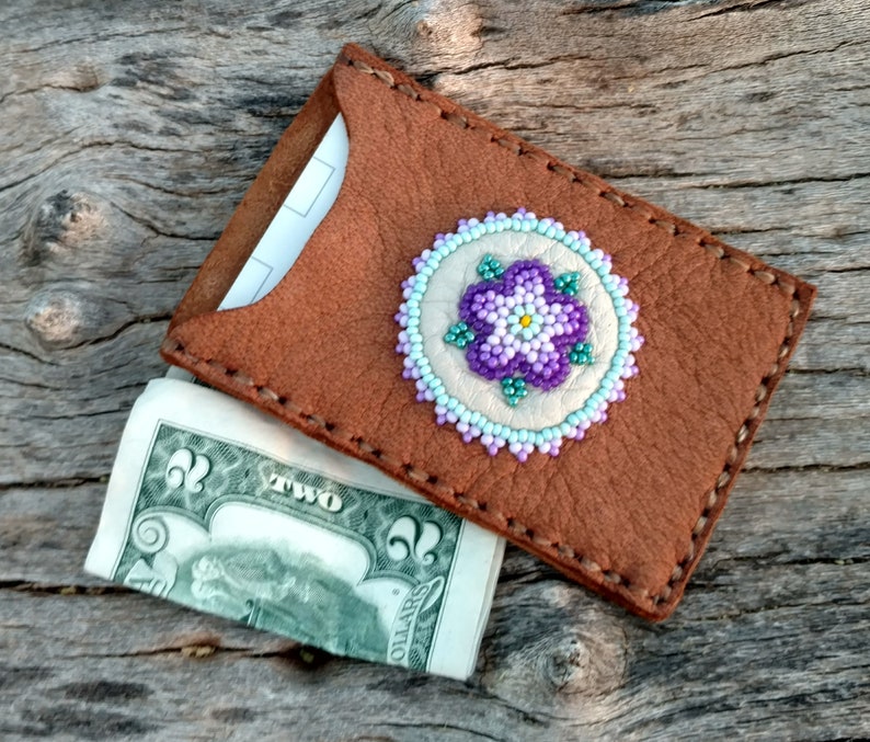 Beaded Purple Flower Women/'s Wallet Compact Leather Card Holder Beadwork Credit Or Gift Card Business Card Genuine Brown Deerskin