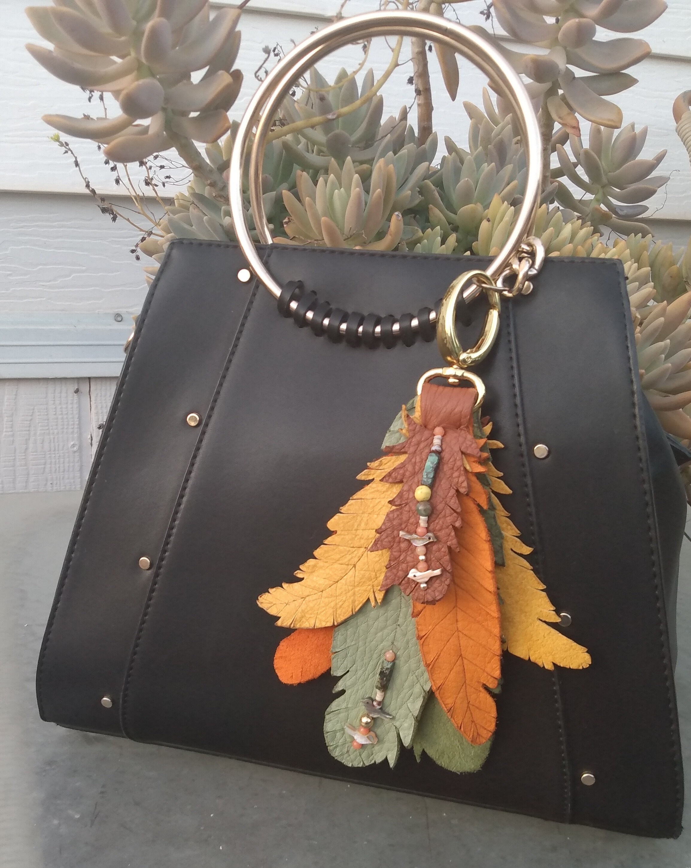 Feather Leather HandBag Charm, Genuine Deerskin 8 1/2 Long, Beaded 
