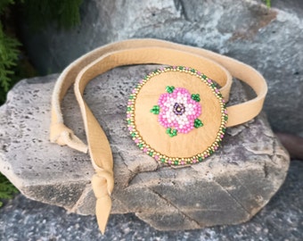 Flower Ponytail Leather Tie, Beaded Rosette, Beadwork, Pink, Cream, Hair Jewelry, Regalia, Tribal, Ceremonial, Wedding Wear, Aztec, Powwow