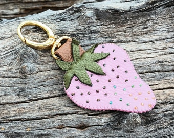 Strawberry HandBag Charm, Genuine Leather, 6" long, Pink, Fruit, Purse Bag Fob, Green, Tote Hobo Clip On, Gold, Gardener Gift, Baker's Gift