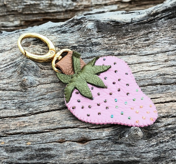 Strawberry HandBag Charm, Genuine Leather, 6" long, Pink, Fruit, Purse Bag Fob, Green, Tote Hobo Clip On, Gold, Gardener Gift, Baker's Gift