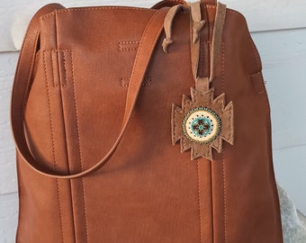 Southwestern Handbag Charm, Genuine Suede Leather, Tie On, Beaded Rosette, Boho Purse, Bag Fob Fringe, Hobo Tote, Geometric Shape, Turquoise