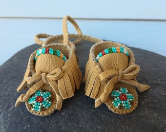 Beaded Moccasins Handbag Charm, Genuine Cream Deerskin Leather, Braided, Miniature Southwestern Regalia, Turquoise, Fringe, Tote, Bag Purse