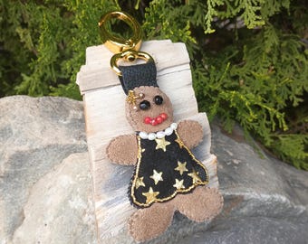 Charm para bolso de mano de cuero con forma de niña de jengibre, cuero genuino, vacaciones, bolso de mano con clip dorado, bolso de mano navideño, marrón, vestido negro, perlas