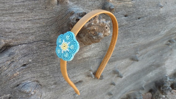 Flower Leather Headband, Beaded, Beadwork, Forget Me Not, Blue, Hair Jewelry, Regalia, Tribal, Ceremonial Wedding Wear, Alaska State flower