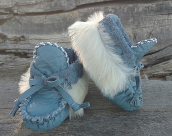 Baby Moccasins By Desi, Beaded, Sheepskin fur, Blue Leather 5" Long, Girl, Boy, Tribal, Aztec, Ankle Boots, Winter Wear, Toddler Holiday