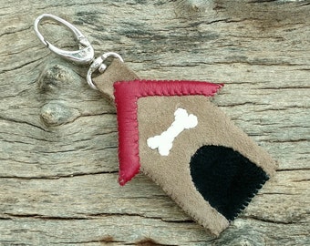 Dog House Handbag Charm Genuine Leather, 5" long, Purse Fob Keychain, Hand Bag Clip On, Bone, Taupe, Red, Puppy, Pet Lover's Gift, Whimsical