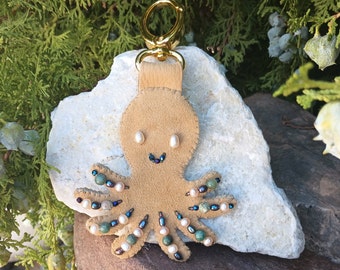 Octopus Leather HandBag Charm, Genuine Suede, 6 1/4" long, Purse, Tote Bag Fob, Beaded Clip On, Tropical Ocean, Pearls, Under The Sea Theme