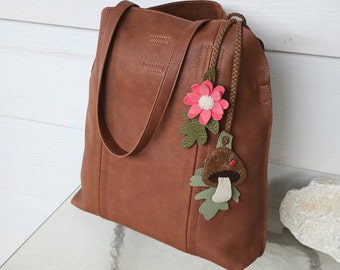 Mushroom Leather Handbag Tie On Charm, Leaves & Flower, Genuine Leather, Braided Purse Fob Hand Bag Tote, Fall Leafs, Ladybug, Pink Floral