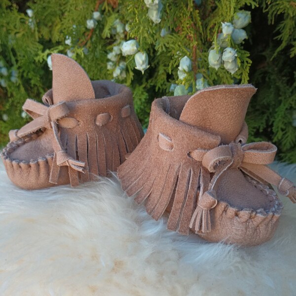 Baby shoes Genuine Leather Moccasins - Tan Mouse with Tassel Fringe main image 0
