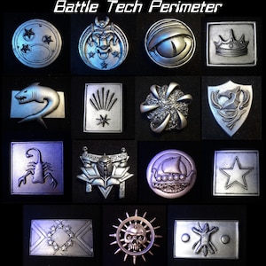 May include: A collection of fourteen silver-toned metal emblems arranged in a grid, featuring various embossed designs including a shark, a scorpion, a skull, a crown, and a ship. The text "Battle Tech Perimeter" is printed at the top.