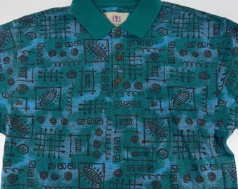 VTG The Territory Ahead Mens Small Teal Geometric Tribal Print Polo Shirt