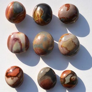 May include: Nine polished, oval-shaped stones in shades of brown, gray, and cream. The stones have a smooth, glossy surface with unique patterns and swirls. The arrangement of the stones creates a visually appealing display of natural gemstones.