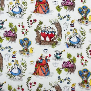 Alice in Wonderland Fabric Alice / Cheshire Cat / The White Rabbit 100% cotton Cartoon Fabric By The Half Yard