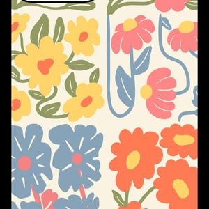 May include: A phone case with a floral pattern. The case features a variety of flowers in shades of pink, yellow, blue, and orange. The flowers are arranged in a repeating pattern on a cream background.