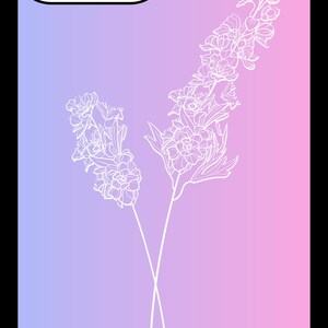 May include: A phone case with a gradient background that transitions from purple to pink. The case features a white outline of a bouquet of flowers.