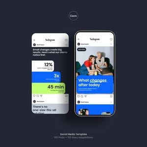 以下が含まれることがあります： 2つのスマートフォンモックアップを備えたソーシャルメディアテンプレートのデザインで、Instagramの投稿を表示しています。投稿では、「Small changes create big results」や「What changes after today」などの統計とテキストが強調表示されています。テンプレートには、100の投稿と100のストーリーの適応が含まれています。