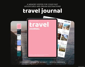 May include: A digital travel journal displayed on a tablet, featuring a pink cover with the word "travel journal" in white. The image includes sample pages with travel photos and the text "A memory keeper for your past adventures and dream destinations."
