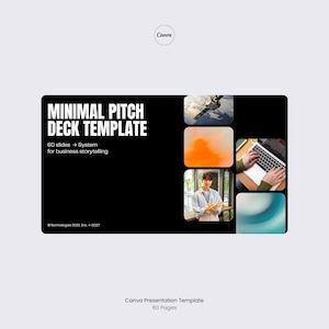 Puede incluir: Una plantilla de presentación de Canva con un fondo negro y el texto "MINIMAL PITCH DECK TEMPLATE". La plantilla incluye 60 diapositivas para la narración de historias de negocios. La imagen también presenta un satélite, arte abstracto, una persona y un portátil.