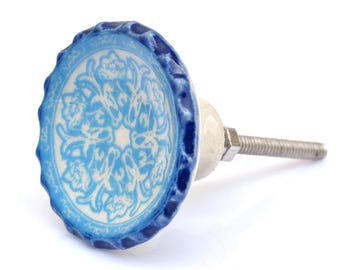 Boho Style Blue Floral Ceramic Drawer Pulls | Vintage Kitchen Cabinet Knobs
