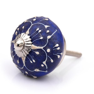 Hand-Painted Blue Floral Ceramic Drawer Knob, Boho Cabinet Pull, Decorative Dresser Handle